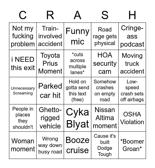 Car Crash Bingo Card
