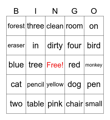 English Bingo Card