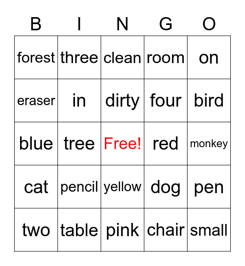 English Bingo Card