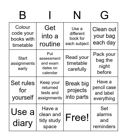 Getting Organised Bingo Card