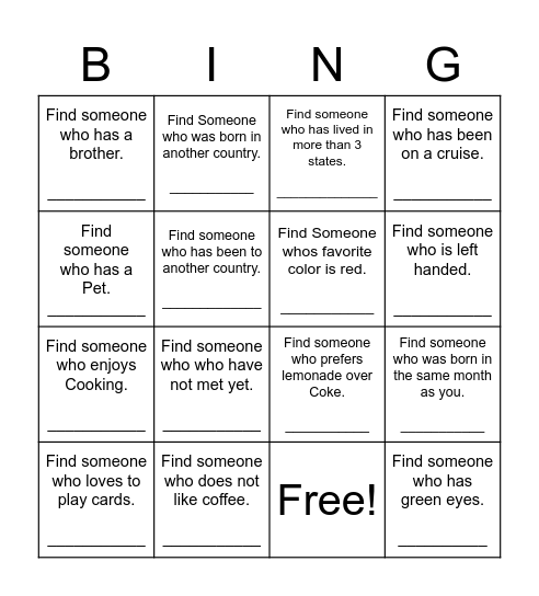 Find Someone Who Bingo Card