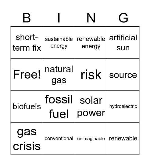 energy Bingo Card