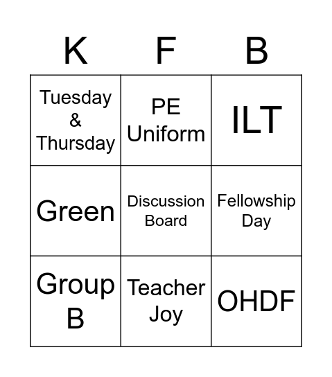 Kinder Fellowship Bingo Card