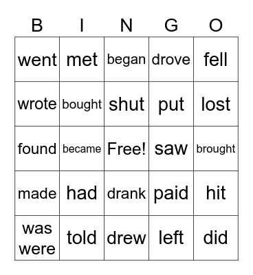 irregular verbs Bingo Card