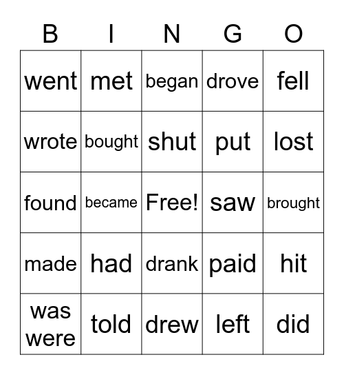 irregular verbs Bingo Card
