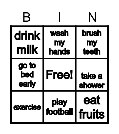 Healthy Activities Bingo Card