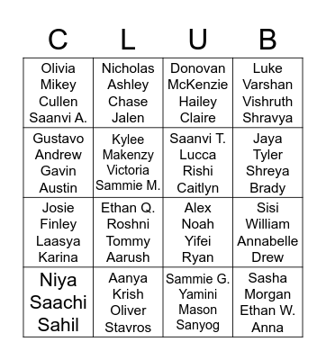 Kids' Club Bingo Card