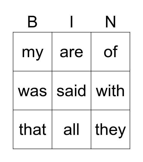 High Frequency Words Bingo Card