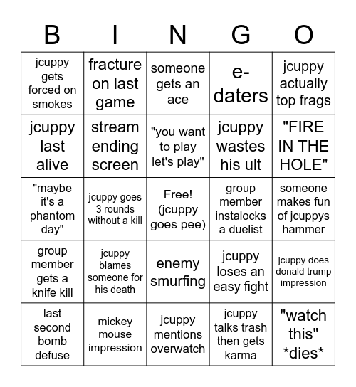 Jcuppy Valorant Bingo Card