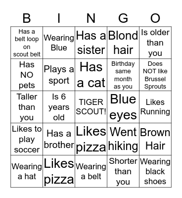 Tiger Scout Bingo Card