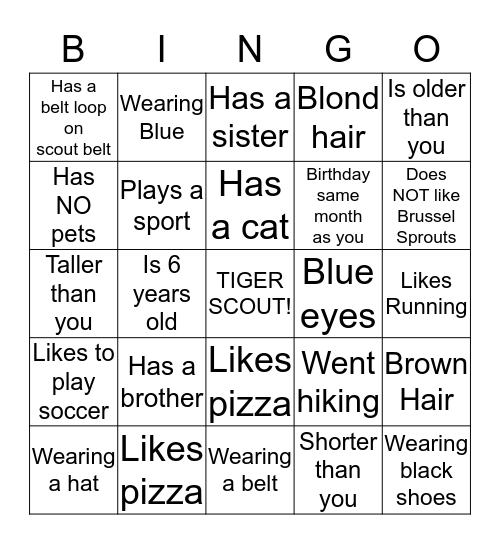 Tiger Scout Bingo Card