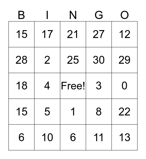 NUMBER Bingo Card