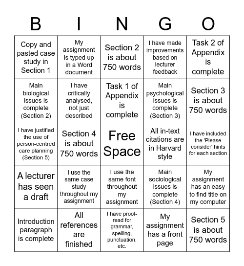 Assignment Bingo Card