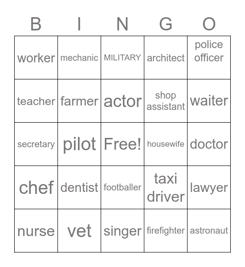 JOBS AND OCCUPATIONS Bingo Card