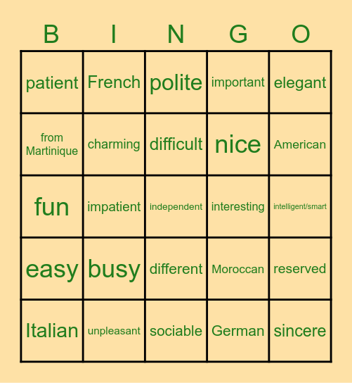 1B.2 Les adjectifs (en anglais) Bingo Card