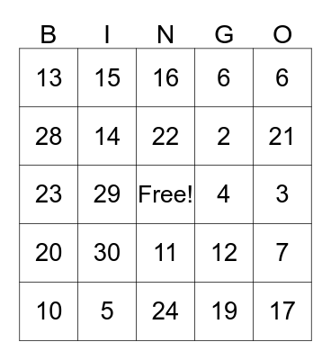Number Bingo Card