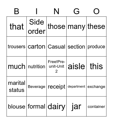 Pre-Unit - Chapter 3 Bingo Card