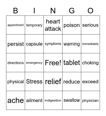 Standout Chapter 6 Health Vocabulary Bingo Card