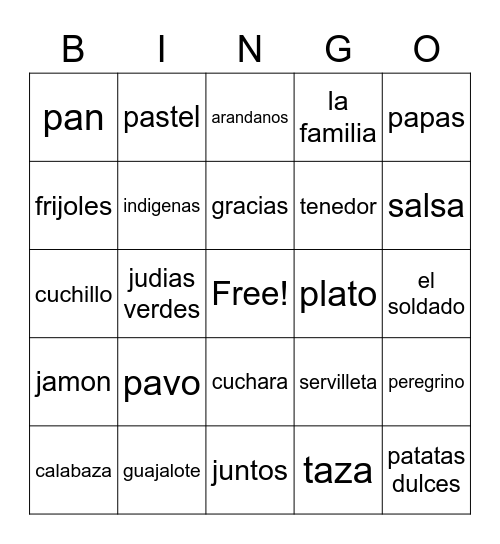 Dia de accion de Gracias Bingo Card