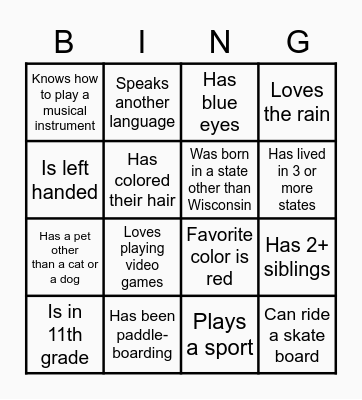 Similarity Game Bingo Card