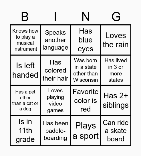 Similarity Game Bingo Card