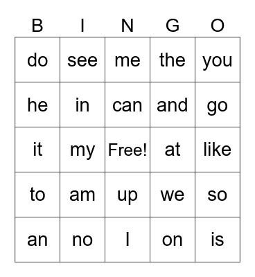 Sight Words Bingo Card