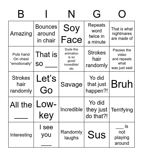 Anything4Reactions YouTube Bingo card Bingo Card