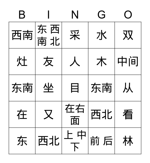 水果 - 方向 Bingo Card