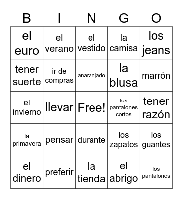 Vocab 4.1 (Avan 1) Bingo Card