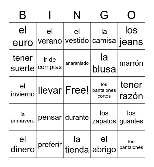 Vocab 4.1 (Avan 1) Bingo Card