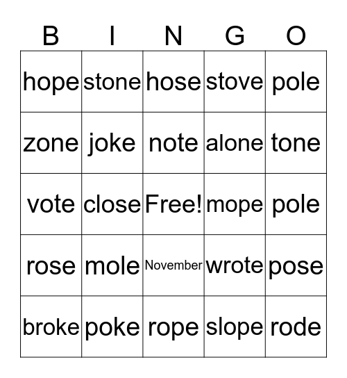 O_E        LONG E  Bingo Card