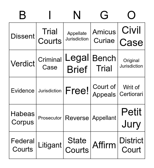 Judicial Terms Bingo Card