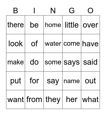 Kindergarten Sight Word Bingo Card