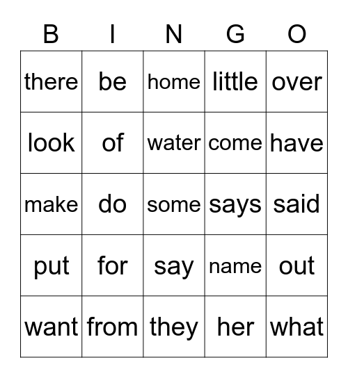Kindergarten Sight Word Bingo Card