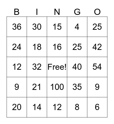 Multiplication Bingo! Bingo Card
