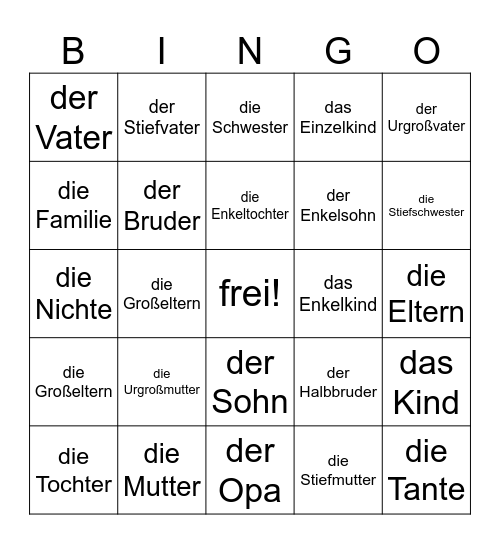 Familie Bingo Card