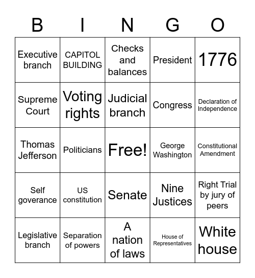US CONSTITUTION : We the people Bingo Card