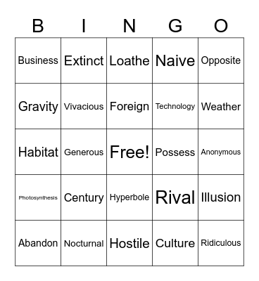 Vocabulary Bingo Card