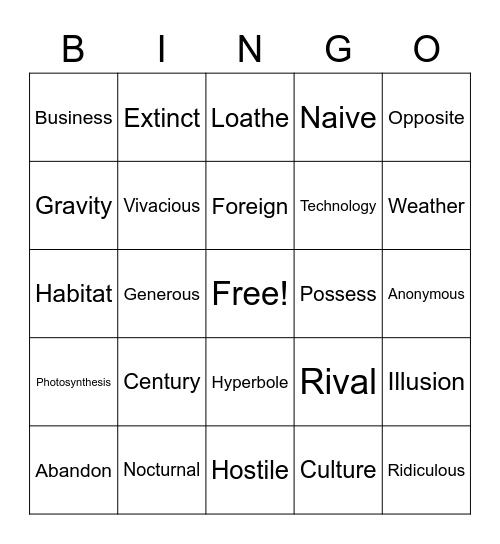 Vocabulary Bingo Card