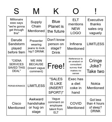 SMKO Drinking Card (EMPLOYEE MUST USE OWN FUNDS) Bingo Card