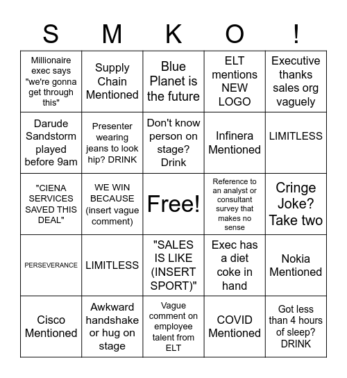 SMKO Drinking Card (EMPLOYEE MUST USE OWN FUNDS) Bingo Card