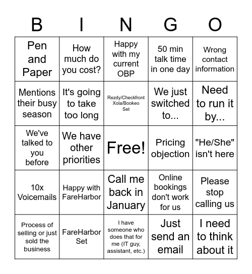 Peek BDR Objections Bingo Card