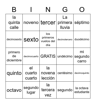 Los Números Ordinales Bingo Card