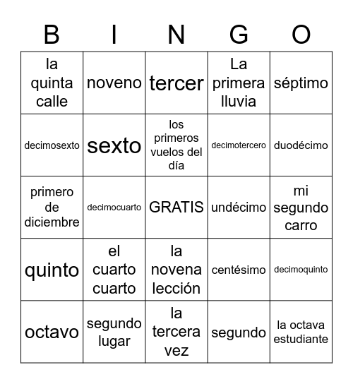Los Números Ordinales Bingo Card