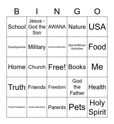 Thankfulness Bingo Card