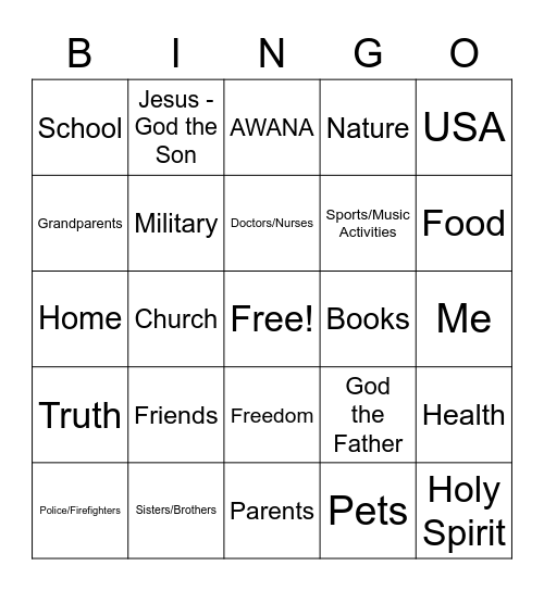 Thankfulness Bingo Card