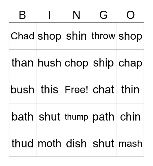 SH,CH, Th Bingo Card