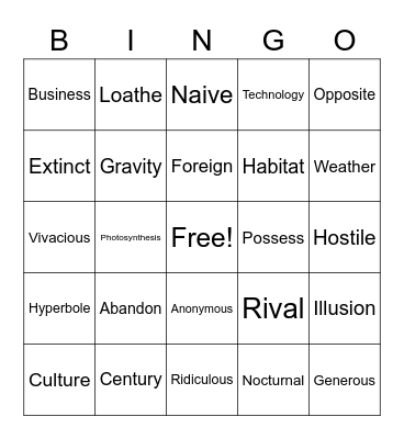 Vocabulary Bingo Card