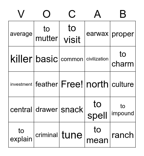 Vocabulary Bingo Card