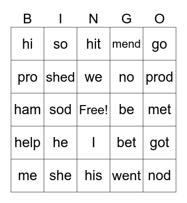 open/closed syllable bingo Card